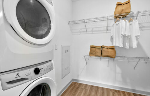 Life with Style and Luxury - front-loading washer and dryer in front of clothing shelves