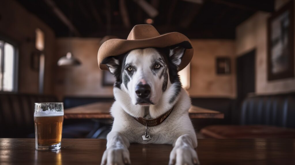 Paws and Pints - A dog wearing a cowboy hat stands at a bar.